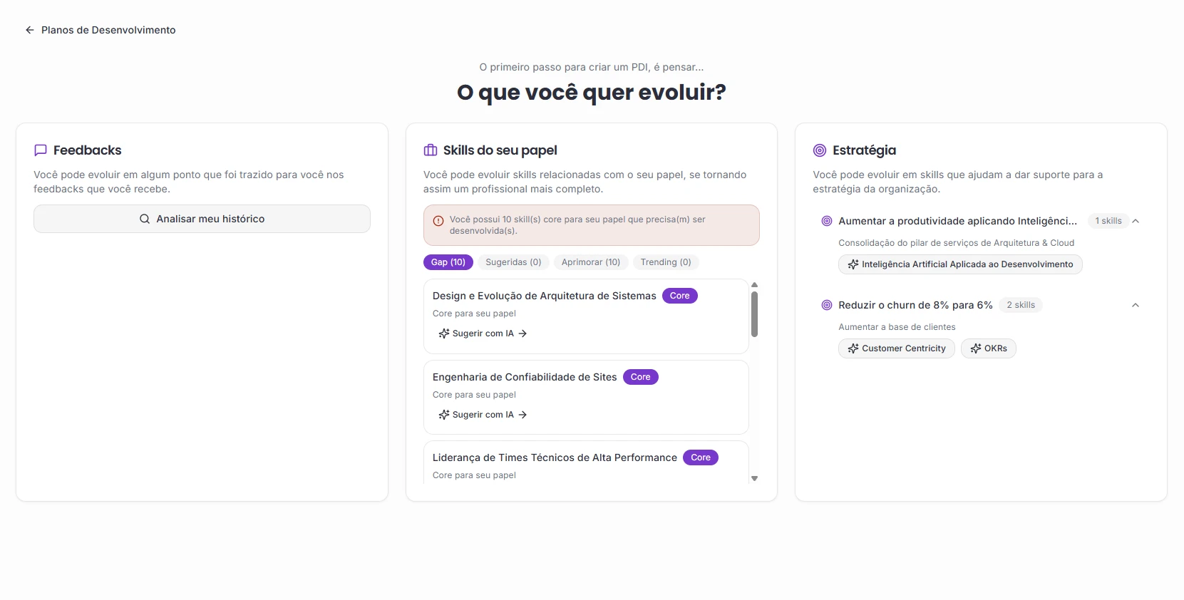 Tela da Volú para criar um PDI, com três pontos de partida lado a lado: feedbacks recebidos, competências do papel e estratégia da empresa. Na coluna do meio, as competências a desenvolver aparecem em abas e cada uma tem o botão Sugerir com IA.